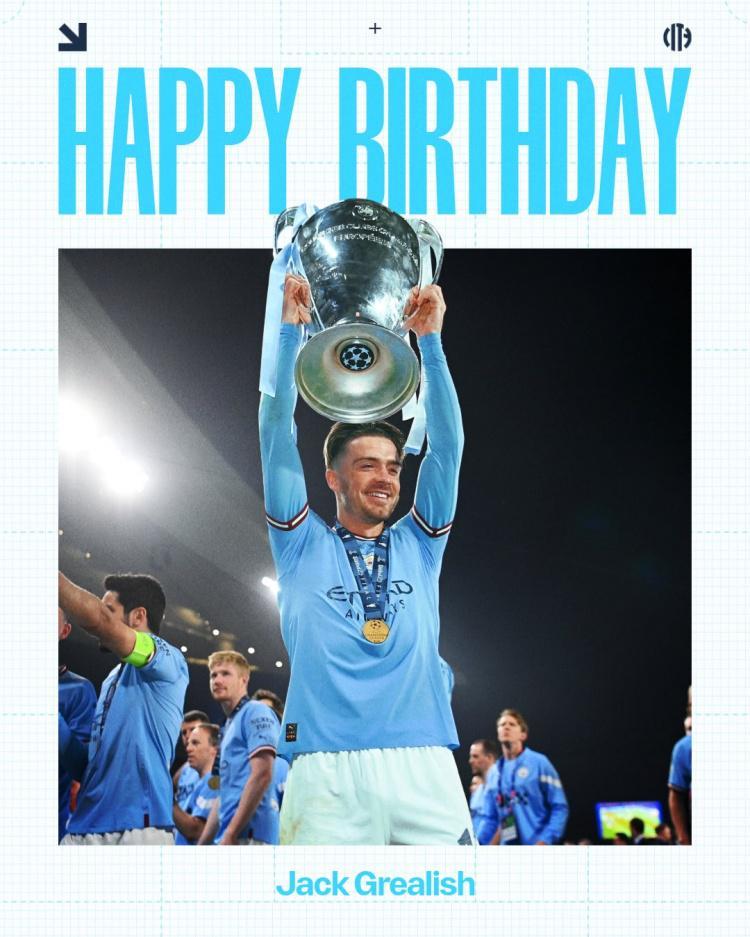 曼城祝格拉利什30岁生日快乐,球员为蓝月出战157场17球23助